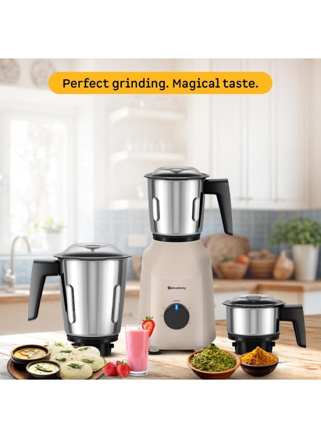 Atomberg Xiana 750 Watt Mixer Grinder | 3 Multipurpose Stainless Steel Jars | Coarse Mode for Silbatta-like Textures | Powerful Intelligent Motor | Easy Fault LED Indication | Seasand Ivory - Image 3